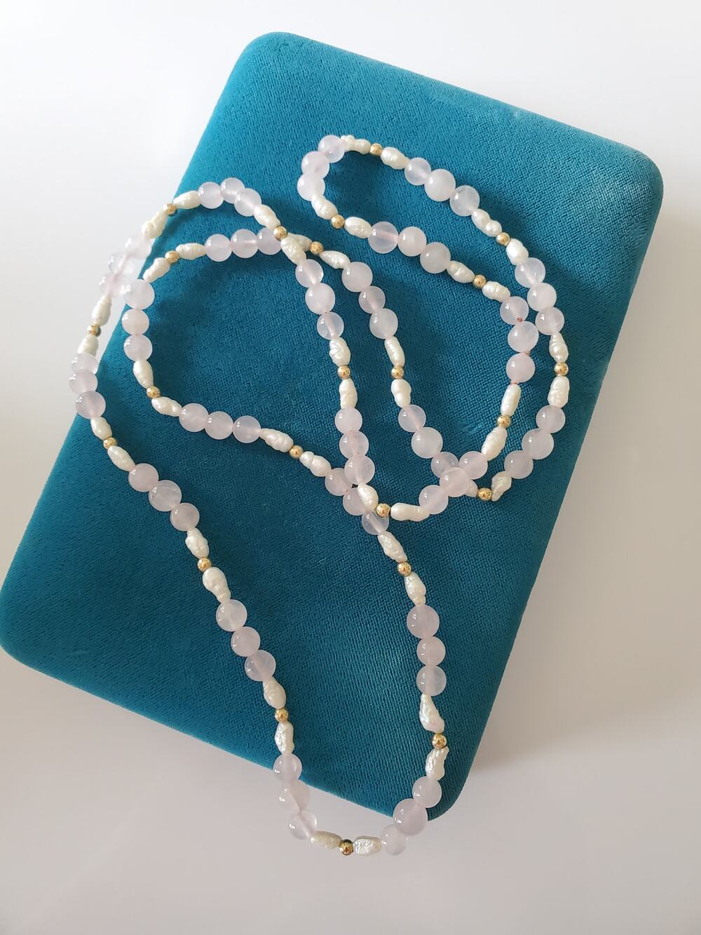 Vintage Rose Quartz Rice Pearl and Gold-tone Beaded Necklace